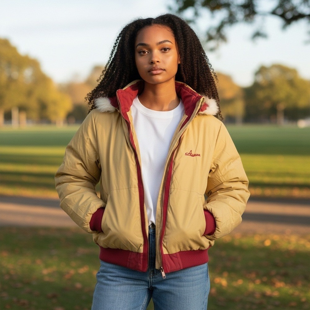 VTG Azzure Red Tan Puffer Jacket Hooded Down Bomber‎ Style Reversible Size L